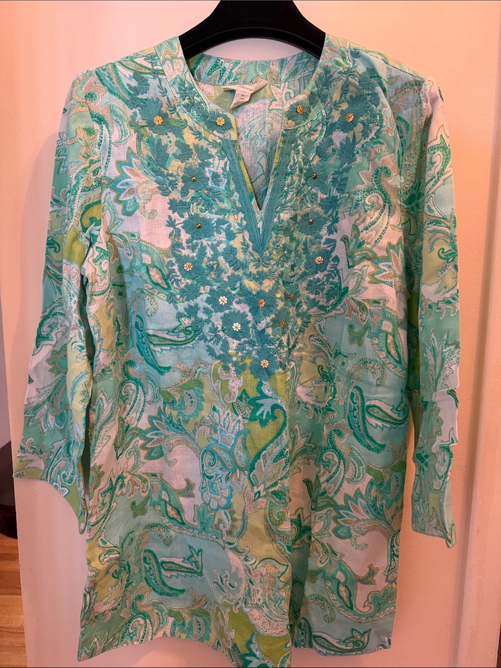 New charter club linen Women’s Paisley Embroidered V‑Neck Tunic in Green M